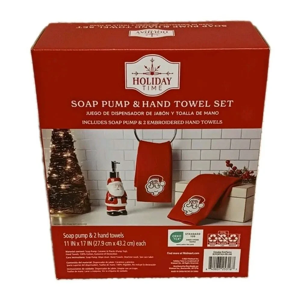 Santa Ceramic Soap Dispenser with Matching Holiday Towels - Red & White